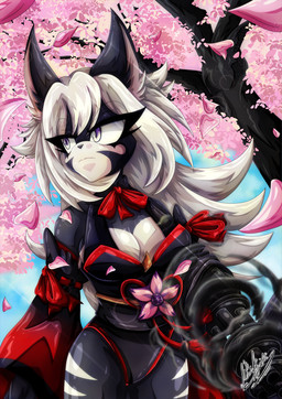 anthro asian_clothing black_body clothing east_asian_clothing female flowing_hair gatling_gun gun gun_arm hair japanese_clothing kimono kimono_only long_hair machine_gun minigun petals plant pointy_ears purple_eyes ranged_weapon ribbons smoke smoking_gun solo tree weapon weapon_arm white_hair yukariasano ecleire_the_jackal canid canine canis jackal mammal hi_res
