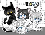 ahoge ambiguous_gender anthro arm_tuft biped black_body black_clothing black_ears black_fur black_hair black_hoodie black_inner_ear_fluff black_tail black_topwear blue_eyes blue_hair blush cheek_tuft chest_tuft clothed clothing cute_fangs dipstick_ears dipstick_tail ear_markings elbow_tuft facial_tuft fangs fluffy fluffy_tail front_view fully_clothed fur geometric_background grey_body grey_ear_tips grey_ears grey_fur grey_hair grey_inner_ear grey_tail group hair hoodie inner_ear_fluff kemono kneeling looking_at_viewer lying markings messy_hair monotone_body monotone_fur monotone_hair monotone_tail mouthless multicolored_body multicolored_ears multicolored_fur multicolored_hair multicolored_tail nude on_front open_mouth open_smile oversized_clothing oversized_hoodie oversized_topwear pupils seiza shirt side_view simple_background sitting slit_pupils smile tail tail_markings teeth text topwear trio tuft two_tone_body two_tone_ears two_tone_fur two_tone_hair two_tone_tail white_body white_clothing white_ear_tips white_ears white_fur white_hair white_inner_ear_fluff white_shirt white_tail white_tail_tip white_topwear yellow_eyes young young_ambiguous young_anthro kedamamax domestic_cat felid feline felis mammal 2024 cel_shading colored english_text full-length_portrait hi_res portrait shaded male_(lore)