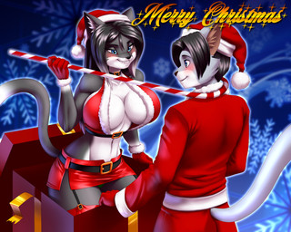 anthro big_breasts black_body black_fur black_hair blue_background blue_eyes blushing_at_partner breasts candy candy_cane christmas_background christmas_clothing christmas_headwear christmas_present clothing dessert duo female festive food fur gift grey_body grey_fur hair hat headgear headwear holidays male male/female romantic romantic_couple santa_hat simple_background smile smiling_at_another smiling_at_partner tail pak009 christmas amanda_(smile4amanda) gojiro_(pak009) domestic_cat felid feline felis mammal russian_blue tuxedo_cat 2018 5:4 hi_res