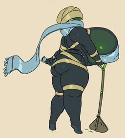 1_eye bandage big_breasts big_butt black_body breasts butt butt_squish female female_humanoid green_eyes huge_breasts huge_butt looking_back not_furry scarf shovel simple_background solo squish tools wrappings aortauricle nuclear_throne rebel_(nuclear_throne) humanoid mummy undead 2026 digital_media_(artwork) hi_res