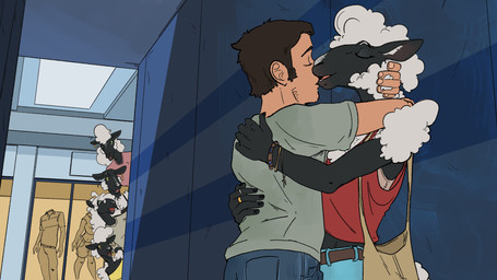 anthro bag belt bracelet duo female group jewelry kissing male mall shocked lockheed_martini bovid caprine human mammal sheep 16:9 4k absurd_res hi_res widescreen