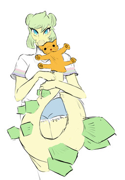 anthro blue_eyes bottomwear clothed clothing denim denim_bottomwear denim_clothing denim_shorts female green_hair hair long_tail looking_at_viewer puppet shorts simple_background solo spiked_tail spikes spikes_(anatomy) tail white_background yellow_body unknown_artist cavemanon_studios goodbye_volcano_high ko_op_(game_developer) snoot_game stella_(gvh_beta) dinosaur ornithischian prehistoric_species reptile scalie stegosaurian stegosaurus thyreophoran absurd_res hi_res