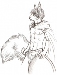 abs anthro biped bottomwear cape clothing fluffy fluffy_tail hair holding_object loincloth male navel nipples shield short_hair simple_background solo standing tail white_background speed_(artist) atreus_(speed) spartan_(roman) mammal rodent sciurid tree_squirrel monochrome