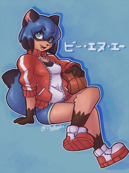 anthro ball bangs basketball_(ball) blue_body blue_eyes blue_hair bottomwear breasts brown_body clothed clothing facial_markings female footwear fur gloves_(marking) hair head_markings jacket leg_markings legwear looking_at_viewer markings mask_(marking) multicolored_body open_mouth pants shirt shoes short_hair shorts simple_background sitting smile sneakers socks_(marking) solo sportswear tail teeth text tongue topwear thehiggles brand_new_animal studio_trigger michiru_kagemori canid canine mammal procyonid raccoon raccoon_dog tanuki digital_media_(artwork) hi_res japanese_text