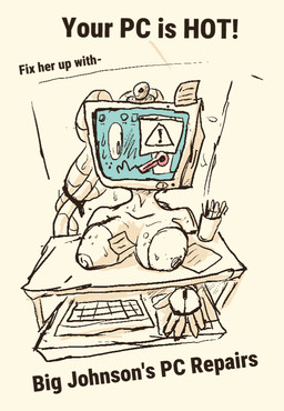 anthro breast_rest breasts computer computer_monitor computer_mouse desk electronics female furniture ill machine objectum office simple_background solo table tan_background text woodhouse3d animate_inanimate computer_virus_(species) living_machine english_text restricted_palette