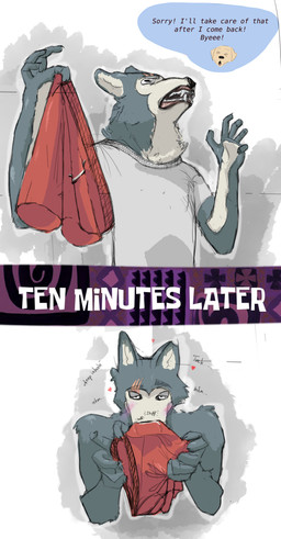 5_fingers anthro bedroom_eyes blush bottomwear clothing duo fingers heart_symbol low-angle_view male male/male musk narrowed_eyes pants red_bottomwear red_clothing red_pants scar seductive shirt simple_background sniffing sniffing_clothes teeth text topwear underwear underwear_sniffing white_clothing white_shirt white_topwear lemgrum beastars jack_(beastars) legoshi_(beastars) canid canine canis domestic_dog mammal absurd_res english_text hi_res meme