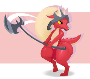 anthro armor axe big_butt bottomwear butt clothing digitigrade female flat_chested headgear helmet horn loincloth simple_background smile solo tail tapering_tail thick_thighs weapon wide_hips yellow_sclera otherthatguy vetna kobold scalie hi_res