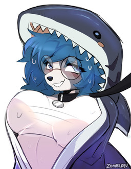 anthro bangs big_breasts black_collar black_nose blue_eyes blue_hair blush blush_lines bodily_fluids breasts clothing collar collar_tag crop_top eyelashes eyewear female fur glasses grey_body grey_fur hair half-closed_eyes leash leashed_collar long_eyelashes long_hair looking_away narrowed_eyes nervous nervous_smile nervous_sweat onesie_open open_mouth round_glasses shirt solo sweat teeth topwear wearing_glasses white_body white_clothing white_crop_top white_fur white_topwear zombiikyu canid canine canis domestic_dog mammal 2025 colored colored_sketch digital_drawing_(artwork) digital_media_(artwork) half-length_portrait hi_res portrait shaded sketch