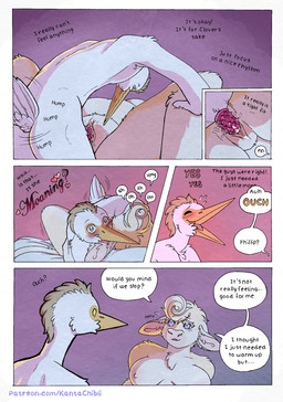5_fingers anthro anthro_on_anthro anthro_penetrated anthro_penetrating anthro_penetrating_anthro bed bedroom blush breasts butt clothing cock_warmer dialogue duo feathers female female_penetrated fingers fur furniture genitals hooves humanoid_hands interspecies lying lying_on_bed male male/female male_penetrating male_penetrating_female navel nipples nude nude_anthro nude_female nude_male on_back on_bed pain penetration penile penile_penetration penis penis_clothing penis_in_vagina sex speech_bubble tail tan_body tan_fur text tongue tongue_out vaginal vaginal_penetration vulva white_body white_feathers kantachibli clover_(kantachibli) phillip_(kantachibli) avian bird bovid bovine cattle heron mammal pelecaniform comic english_text hi_res url