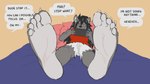 5_toes anthro barefoot black_hair bottomwear claws clothing dialogue feet foot_fetish foot_focus fur hair humanoid_feet long_hair male plantigrade shirt shorts smile smirk soles solo teasing text toe_claws toes topwear bondagefanart nintendo nintendo_switch travis_(sebafox) canid canine canis mammal wolf 16:9 animated english_text short_playtime widescreen