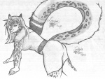 anthro bell belt bottomwear breasts butt clothed clothing collar dress ear_piercing female hair leopard_spots long_hair looking_at_viewer piercing pose simple_background skirt smile solo spots tail teasing white_background daelyhelaxon felid mammal pantherine snow_leopard monochrome