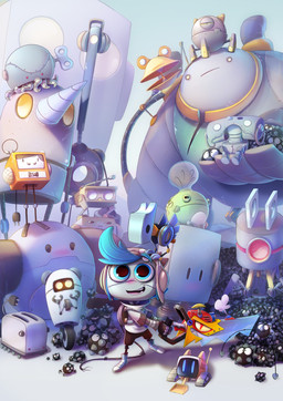 3_fingers ambiguous_gender appliance armless bent_legs black_body black_bow_tie black_legs blue_background blue_eyebrows blue_eyes blue_hair bow_tie carrying_another clothing dot_eyes drill_nose ear_piercing ear_ring electronics empty_eyes eyebrows feral fingers green_body green_sclera grey_body grey_clothing grey_hat grey_headwear group hair hat headgear headphones headwear holding_object holding_saw holding_tool hoop_ear_ring kitchen_appliance larger_ambiguous larger_humanoid larger_male light light_bulb limbless long_head machine male male_humanoid metallic_body mouth_closed mouthless multicolored_body narrowed_eyes noseless not_furry_focus open_mouth open_smile orange_body piercing plug pupils red_pupils red_sclera ring_piercing saw screen screen_face simple_background simple_eyes sitting size_difference smaller_ambiguous smaller_humanoid smaller_male smile spikes squint standing_on_another teeth tentacles thin_legs toaster tools treads yellow_sclera fabio_pochet robot_boy_(fabio_pochet) amphibian cephalopod coleoid frog humanoid hybrid marine mollusk octopodiform octopus robot robot_humanoid 2021 absurd_res adobe_photoshop_(artwork) colored digital_drawing_(artwork) digital_media_(artwork) english_description hi_res lighting shaded