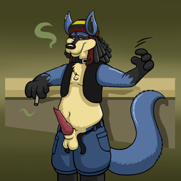 anthro black_body black_fur blue_body blue_fur dreadlocks drugs erection fur genitals leaning male marijuana penis piercing smoke smoking solo stoned substance_intoxication tail yellow_body yellow_fur unknown_artist nintendo pokemon canid canine generation_4_pokemon lucario mammal pokemon_(species) 1:1