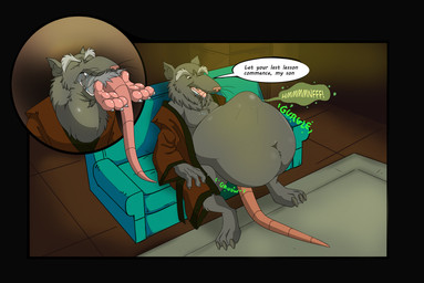 abdominal_bulge anthro belly big_belly dialogue duo fur grey_body grey_fur huge_belly male male/male male_pred male_prey mature_male oral_vore rumbling_stomach struggling struggling_prey tail text vore whiskers briefclimax tenderule34 teenage_mutant_ninja_turtles master_splinter american_opossum mammal marsupial murid murine rat rodent virginia_opossum english_text