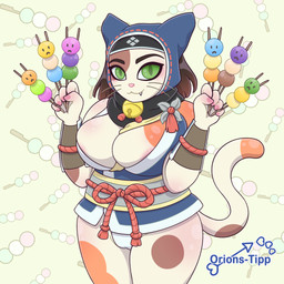 :3 anthro areola areola_slip big_breasts breasts camel_toe clothing cosplay dango_(food) female food green_eyes holding_food holding_object huge_breasts kamura_armor looking_at_viewer panties pattern_background simple_background snaggle_tooth solo underwear orions-tipp capcom monster_hunter domestic_cat felid feline felis felyne lynian mammal palico 1:1 hi_res