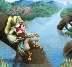 anthro beak blonde_hair bottomwear clothing crop_top detailed_background feathers feet femboy grass green_body hair lake leotard male mountain outside pants pattern_clothing plant ponytail red_eyes roots ruins sash shirt sitting smile solo sun talons toes topwear tree water wings yellow_beak conditional_dnp kazoko_(artist) breath_of_the_wild nintendo the_legend_of_zelda fan_character avian bird rito absurd_res alternate_version_at_source detailed digital_media_(artwork) hi_res