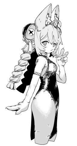 ahoge anthro braided_hair breasts claws female gesture hair hand_gesture inner_ear_fluff looking_at_viewer sleeveless_dress slit_dress small_breasts solo tuft v_sign dumb_s1ayer mihoyo zenless_zone_zero zhao_(zenless_zone_zero) lagomorph mammal thiren hi_res monochrome