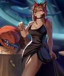 alcohol anthro aquarium beverage breasts broken_glass cleavage clothed clothing collar container cup dress dress_only drinking_glass female furniture glass glass_container glass_cup heterochromia nightclub raised_clothing raised_dress smile solo table tablecloth tail tail_mouth tongue tongue_out unusual_anatomy unusual_tail vivarium wine_glass kumir legend_of_ahya ahya_(legend_of_ahya) taylor_renee_wolford_(darkflamewolf) canid canine canis fish mammal marine shark wolf hi_res