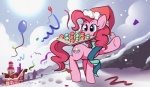 balloon blue_eyes building christmas clothing cloud confetti confetti_streamer cupcake cutie_mark day detailed_background earth_pony equid equine female feral food friendship_is_magic fur hair hasbro hat headgear headwear holidays horse inflatable karzahnii mammal my_little_pony outside pink_body pink_fur pink_hair pinkie_pie_(mlp) pony quadruped scarf sky snow solo sun tail