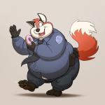 anthro barefoot belly belly_overhang big_belly biped button_(fastener) chubby_cheeks claws clothed clothing dessert doughnut feet food fur gesture grey_background holding_food holding_object male moobs necktie obese obese_anthro obese_male on_one_leg open_mouth open_smile overweight overweight_anthro overweight_male pastry police police_officer police_officer_eating_donut police_uniform red_body red_fur simple_background smile solo standing straining_buttons toe_claws toony uniform waving white_body white_fur abthegreat artfulreggie canid canine fox mammal 1:1 2017