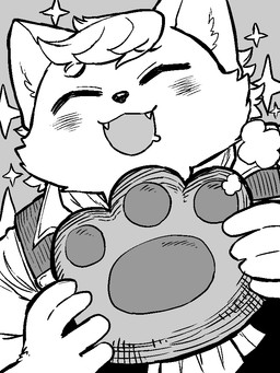 anthro blush bread clothing eating eyes_closed food hair hair_bun male overalls overweight overweight_male paw_bread smile solo young young_anthro dangan cyberconnect2 fuga:_melodies_of_steel little_tail_bronx boron_brioche domestic_cat felid feline felineko felis mammal monochrome