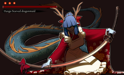 antlers apron blue_hair breasts clothing dragon_tail female frilly frilly_clothing gameplay_mechanics glowing glowing_eyes gui hair health_bar holding_katana holding_melee_weapon holding_object holding_sword holding_weapon horn katana melee_weapon odachi one_eye_obstructed pointy_ears ponytail prick_ears red_bow_ribbon red_clothing shadow_on_face solo sword text unsheathing_sword unsheathing_weapon weapon white_apron white_clothing yellow_eyes centurii-chan_(artist) fromsoftware mythology sekiro:_shadows_die_twice animal_humanoid dragon dragon_humanoid humanoid mythological_creature mythological_scalie scalie character_request english_text hi_res