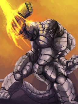 4_fingers 4_toes anthro attack energy feet fingers grey_body male muscular muscular_male nipples nude nude_anthro nude_male punch rock_body simple_background solo standing superhero tail toes yellow_eyes kiryu mammal pangolin 3:4