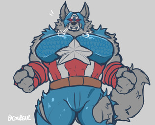 anthro bodysuit bulge clothing fangs fur grey_body grey_fur looking_at_viewer male mask muscular muscular_anthro muscular_male pecs skinsuit solo superhero teeth tight_clothing torn_clothing baconbearart marvel mythology captain_america capwolf canid canine canis mammal mythological_canine mythological_creature werecanid werecanine werecreature werewolf wolf absurd_res hi_res