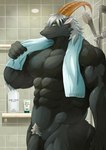 abs after_shower anthro balls bathroom black_body black_fur flaccid fur genitals green_eyes hair horn male muscular muscular_anthro muscular_male nipples nude pecs penis penis_base pubes solo towel white_hair toranoyouhei lifewonders tokyo_afterschool_summoners tanngrisnir_(tas) bovid caprine goat mammal absurd_res hi_res