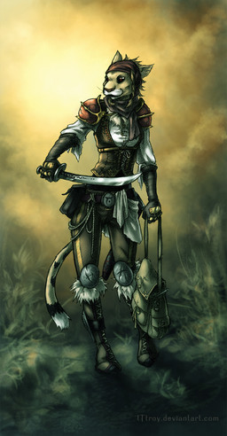 anthro armor backpack boots brown_hair clothing detailed_background dipstick_tail female footwear fur hair holding_object kerchief markings melee_weapon multicolored_tail pink_nose plant shirt shoes shrub sky solo sword tail tail_markings topwear tunic weapon yellow_body yellow_fur tttroy bethesda_game_studios microsoft skyrim the_elder_scrolls felid khajiit mammal hi_res watermark