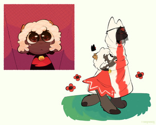 ambiguous_anthro ambiguous_gender anthro bell bell_collar big_eyes clothed clothed_anthro clothing collar duo flower fully_clothed fully_clothed_anthro open_mouth open_smile plant red_eyes red_flower smile veil walking rubyfunkey cult_of_the_lamb massive_monster_(studio) lamb_(cult_of_the_lamb) narinder bovid caprine mammal sheep 2024 digital_drawing_(artwork) digital_media_(artwork) hi_res