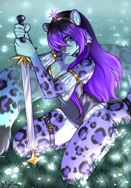 5_fingers anthro biped blue_eyes breasts cheek_tuft claws clothed clothed_anthro clothed_female clothing countershade_fur countershade_torso countershading facial_tuft feet female finger_claws fingers front_view fur hair holding_melee_weapon holding_object holding_sword holding_weapon inner_ear_fluff kneeling markings melee_weapon outside pawpads paws purple_body purple_fur purple_hair purple_spots purple_tail solo spots spotted_body spotted_fur spotted_markings spotted_tail sword tail tail_markings toes tuft weapon pizhma alum_(loralum) felid mammal pantherine snow_leopard 2026 digital_drawing_(artwork) digital_media_(artwork) hi_res