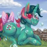 1:1 2016 absurd_res accessory bubble colored cutie_mark digital_drawing_(artwork) digital_media_(artwork) equid equine female feral fizzy_(mlp) fur furgonomics gem_eyes glowing glowing_eyes green_body green_fur green_hair hair hasbro hi_res horn lying mammal mlp_g1 my_little_pony my_little_pony:_the_movie_(1986) my_little_pony_'n_friends mythological_creature mythological_equine mythology pink_eyes pink_hair pre-g4 ribbons solo tail tail_accessory tail_ribbon twinkle-eyed unicorn ztarli