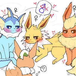 adult_on_young age_difference aroused blush confusion ear_blush female female_symbol feral fog gender_symbol group heart_symbol imminent_sex inviting male male/female male_symbol needy symbol young young_feral young_male sakaniyame nintendo pokemon eevee eeveelution flareon generation_1_pokemon jolteon pokemon_(species) vaporeon 1:1 hi_res pictographics