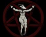 5:4 anthro areola baphomet_(deity) black_blood blood bodily_fluids bovid breasts caprine caprine_demon collar colored_blood crucifixion deity demon female genitals goat_demon gore gore_focus hladilnik hooves humanoid inverted_pentagram looking_at_viewer lucy_(hladilnik) mammal mature_female medium_breasts nipples nude occult_symbol pentagram pussy simple_background smile solo symbol thick_thighs toothy_grin unusual_blood unusual_bodily_fluids wide_hips y_incision yellow_eyes