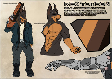 abs anthro belt black_boots black_clothing black_footwear boots bottomwear clothed clothing denim denim_bottomwear denim_clothing footwear fully_clothed jacket jeans laser_gun male missing_arm muscular muscular_anthro muscular_male pants pecs ranged_weapon robotic_arm shirt shoes solo text topwear weapon white_clothing white_shirt white_topwear silverfang725 rex_tomson canid canine canis dobermann domestic_dog mammal pinscher character_name clip_studio_paint_(artwork) digital_media_(artwork) english_text hi_res model_sheet