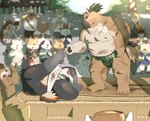 anthro black_body black_nose blush bodily_fluids brown_body detailed_background group kemono male masashi moobs nipples outside overweight overweight_male scar sitting sumo sumo_ring sumo_wrestler sweat hon55728 lifewonders tokyo_afterschool_summoners yasuyori_(tas) canid canine canis domestic_dog lagomorph leporid mammal rabbit suid suine sus_(pig) wild_boar 2022 hi_res