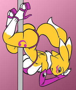 anthro armwear between_legs biped blue_eyes bra breasts butt clothing dancing elbow_gloves facial_markings female footwear fur gloves handwear head_markings high_heels looking_at_viewer markings platform_footwear platform_heels pole pole_between_legs pole_dancing pose seductive shoes simple_background solo tail underwear upside_down yellow_body yellow_fur creatiffy bandai_namco digimon canid canine digimon_(species) mammal renamon hi_res