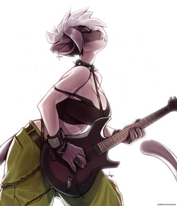 5_fingers anthro breasts clothed clothing collar ear_piercing ear_ring electric_guitar female fingers guitar hair musical_instrument piercing plucked_string_instrument ring_piercing solo string_instrument white_hair furlana domestic_cat felid feline felis mammal 2021 absurd_res digital_media_(artwork) hi_res
