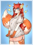 anthro blue_eyes blush bottomwear breasts brown_nose chest_tuft clothed clothing dolphin_shorts female fur hair holding_clothing holding_object holding_shirt holding_topwear orange_body orange_fur red_hair shirt shorts simple_background solo star topwear tuft white_body white_fur ogoneklu sami_(red_panda) ailurid mammal red_panda 2024 absurd_res hi_res portrait three-quarter_portrait