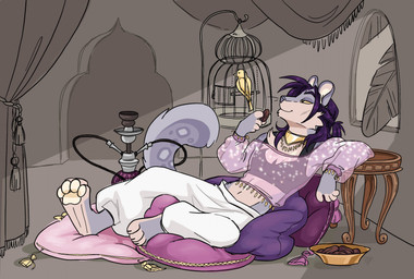 anthro birdcage clothed clothing detailed_background hookah inside jewelry lying male necklace pawpads pillow plant side_view smile solo pineconepaladin felid leopard mammal pantherine hi_res