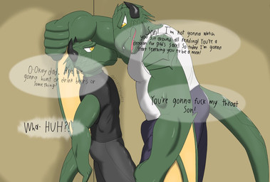 against_surface against_wall age_difference anthro black_bottomwear black_clothing black_pants black_shirt black_topwear bottomwear clothed clothing duo green_body green_scales horn male male/male muscular muscular_anthro muscular_male open_mouth pants scales shirt speech_bubble standing tail text tongue topwear wings yellow_eyes assassinfenrir european_mythology mythology dragon mythological_creature mythological_scalie scalie western_dragon wyvern english_text hi_res shaded signature father_(lore) father_and_child_(lore) father_and_son_(lore) parent_(lore) parent_and_child_(lore) parent_and_son_(lore) son_(lore)