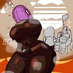 anthro anthro_focus belt big_breasts bodily_fluids breasts cigarette cigarette_in_mouth clothing cloud crossgender day dessert empty_eyes female female_anthro female_focus food glistening glistening_clothing heart_symbol kneeling mtf_crossgender object_in_mouth outside purple_body purple_scales scales smoking solo steam sun swear sweat thick_thighs wide_hips imscarednowthanks dingaling_productions lisa_the_painful lisa_the_pointless lisa_the_pointless_scholar_of_the_wilbur_sin cannabis_(lisa) aquatic fish human mammal 1:1 hi_res pictographics