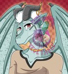 2024 2_horns accessory anthro art_fight artist_logo aurion_(msdinogoat) blue_body blue_scales blue_wings brown_clothing brown_shirt brown_topwear bust_portrait checkered checkered_background claws closed_smile clothing collarbone colored digital_drawing_(artwork) digital_media_(artwork) distracting_watermark dragon drinkyourvegetable european_mythology eyebrows furgonomics furry-specific_piercing grey_claws grey_horn hair horn horn_accessory horn_piercing horn_ring_(piercing) humanoid_pointy_ears jewelry logo looking_at_viewer male membrane_(anatomy) membranous_wings mouth_closed mythological_creature mythological_scalie mythology necklace pattern_background piercing portrait red_background red_eyes ring_piercing scales scalie shaded shirt simple_background simple_shading smile smiling_at_viewer solo topwear watermark western_dragon white_eyebrows white_hair wing_claws winged_dragon wings yellow_jewelry yellow_necklace