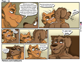 aggressive anthro bdsm bite bite_mark blush brown_body brown_fur chasity dialogue duo eyebrows fur male male/male muscular orange_body orange_fur profanity sex text zabby_arts blake_(zabby_arts) tony_(zabby_arts) canid canine canis cougar domestic_cat domestic_dog felid feline felis hyena mammal comic english_text hi_res url