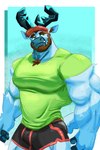 anthro antlers athletic_wear beard big_muscles big_pecs brown_hair chest_tuft clothed clothing facial_hair fully_clothed green_eyes hair hat headgear headwear horn huge_muscles huge_pecs male muscular muscular_anthro muscular_arms muscular_male pecs simple_background solo tuft bufffbuck deer mammal hi_res