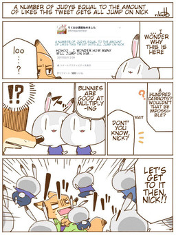 anthro bodily_fluids chibi clothed clothing dialogue dipstick_ears ear_markings fangs female group interrobang male multicolored_ears question_mark speech_bubble sweat sweatdrop teeth text vertical_bar_eyes rikuo_(artist) disney zootopia judy_hopps nick_wilde canid canine fox lagomorph leporid mammal rabbit red_fox true_fox 3:4 comic english_text