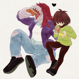 anthro bottomwear clothed clothing denim denim_bottomwear denim_clothing duo eating female food hair jeans male pants pastry pie purple_body sharp_teeth teeth torn_clothing komarukoune deltarune undertale_(series) kris_dreemurr susie_(deltarune) human mammal reptile scalie 2018 hi_res