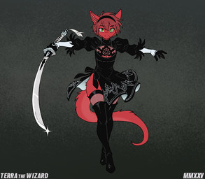 5_fingers absolute_territory accessory alternative_fashion anthro armwear biped black_boots black_clothing black_dress black_footwear black_gloves black_handwear black_legwear boots cheek_tuft cleavage_cutout clothed clothing cosplay costume countershade_ears countershade_fur countershade_neck countershade_tail countershading crossdressing crossed_legs cutout dress eyebrow_through_hair eyebrows eyelashes eyelashes_through_hair facial_tuft falling femboy fingers flesh_fang footwear front_view fur gloves green_eyes grey_background hair hair_accessory hairband handwear holding_katana holding_melee_weapon holding_object holding_sword holding_weapon inner_ear_fluff j-fashion katana legwear looking_at_viewer male melee_weapon mouth_closed multicolored_clothing multicolored_gloves multicolored_handwear pointy_ears pose prick_ears pupils red_body red_countershading red_fur red_hair ribbons scales shoes short_hair simple_background slim slim_anthro slim_male slit_dress slit_pupils snout snout_from_the_front solo spread_arms standing sword tail tapering_tail text thigh_boots thigh_highs translucent translucent_hair tuft two_tone_clothing two_tone_gloves two_tone_handwear walking weapon white_clothing white_gloves white_handwear white_legwear white_thigh_highs wide_hips terrathewizard mythology nier_automata platinumgames terra_(terrathewizard) yorha_2b canid canine canis dragon furred_dragon furred_scalie hybrid mammal mythological_creature mythological_scalie scalie wingless_dragon wolf 2025 artist_name dated digital_drawing_(artwork) digital_media_(artwork) flat_colors full-length_portrait hi_res portrait andromorph_(lore)