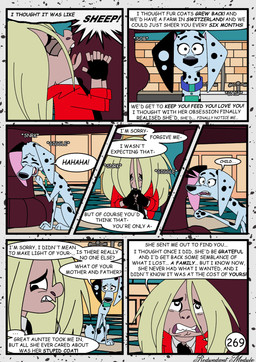black_spots bodily_fluids crying dialogue duo female feral fur laugh male sitting speech_bubble spots tears text white_body white_fur redundantmodule 101_dalmatian_street 101_dalmatians disney hunter_de_vil canid canine canis dalmatian domestic_dog human mammal comic english_text hi_res